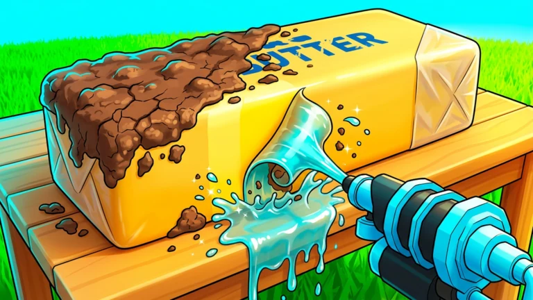 A stick of butter crusted with brown dirt on one side, half washed clean by a cyan pressure washer jet.