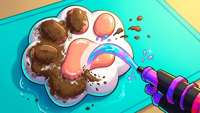 A cartoon paw-shaped squish caked in brown dirt, sprayed by an iridescent pressure washer on a teal board.